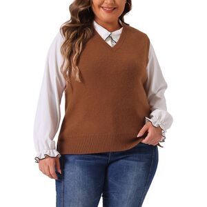 Plus Size V Neck Striped Knit Casual Pullover Sweater Vests Brown